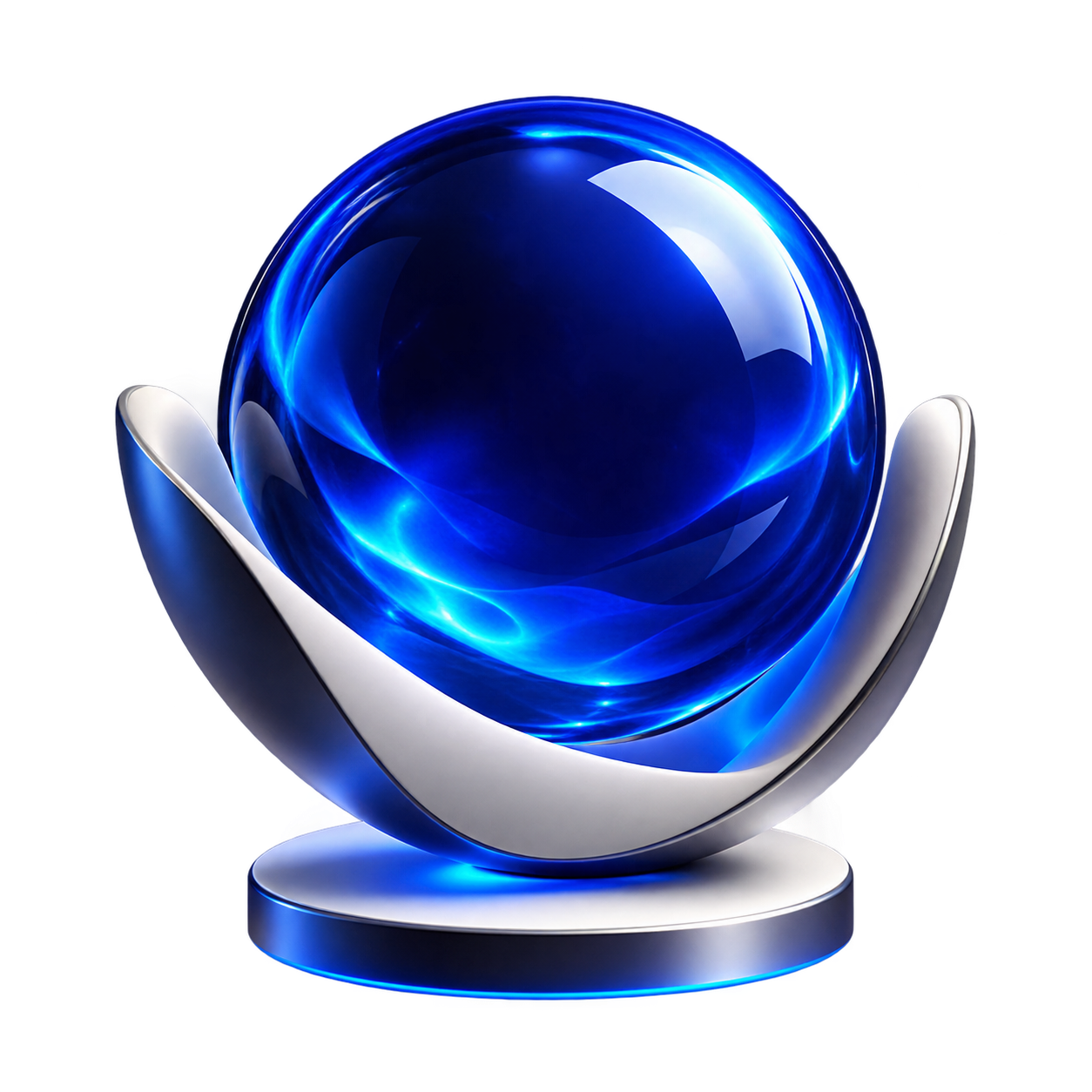 Glowing blue glass orb held in a chrome cradle representing pocketclawd.ai Hermes workflows