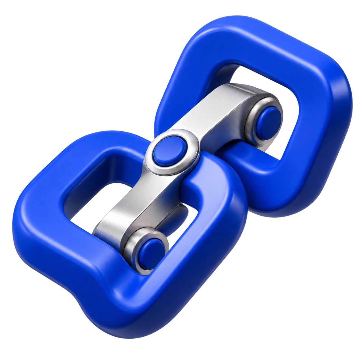 Two interlocking blue chain links with a steel pivot representing pocketclawd.ai automations